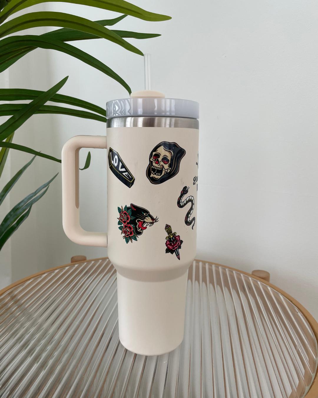 40oz Stainless Steel GoodGirlsRead Tumbler - Patchwork Tattoo Themed