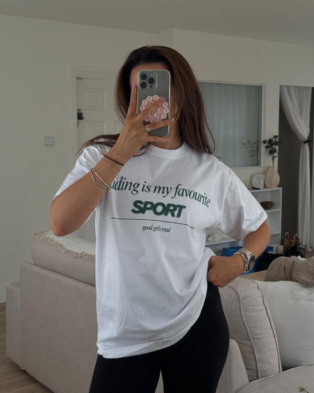 White Reading is my favourite sport over-sized t-shirt