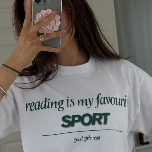 White Reading is my favourite sport over-sized t-shirt
