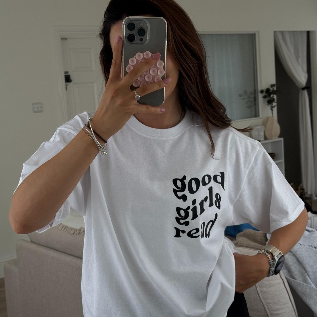 White with Black GoodGirlsRead Logo over-sized t-shirt
