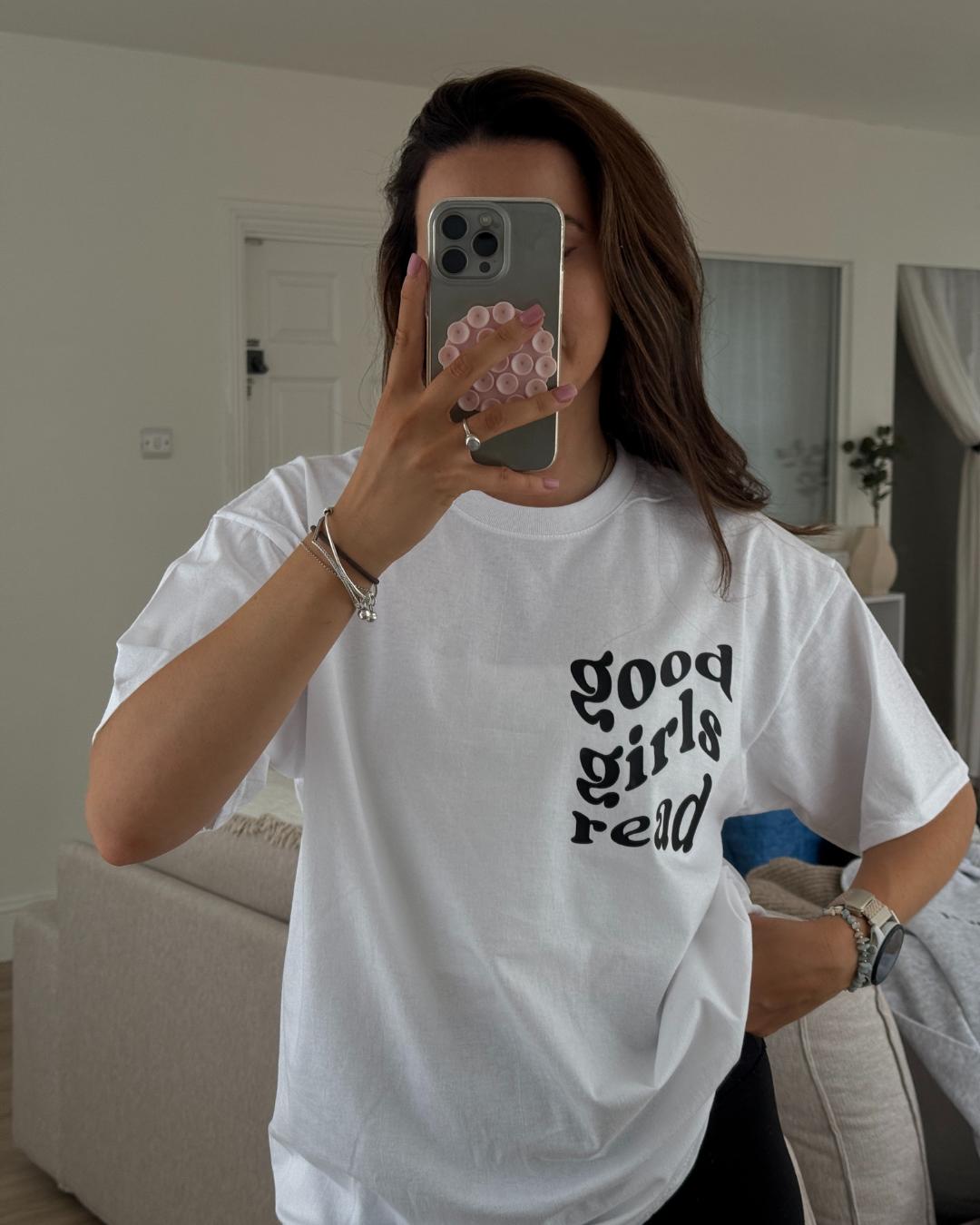 White with Black GoodGirlsRead Logo over-sized t-shirt