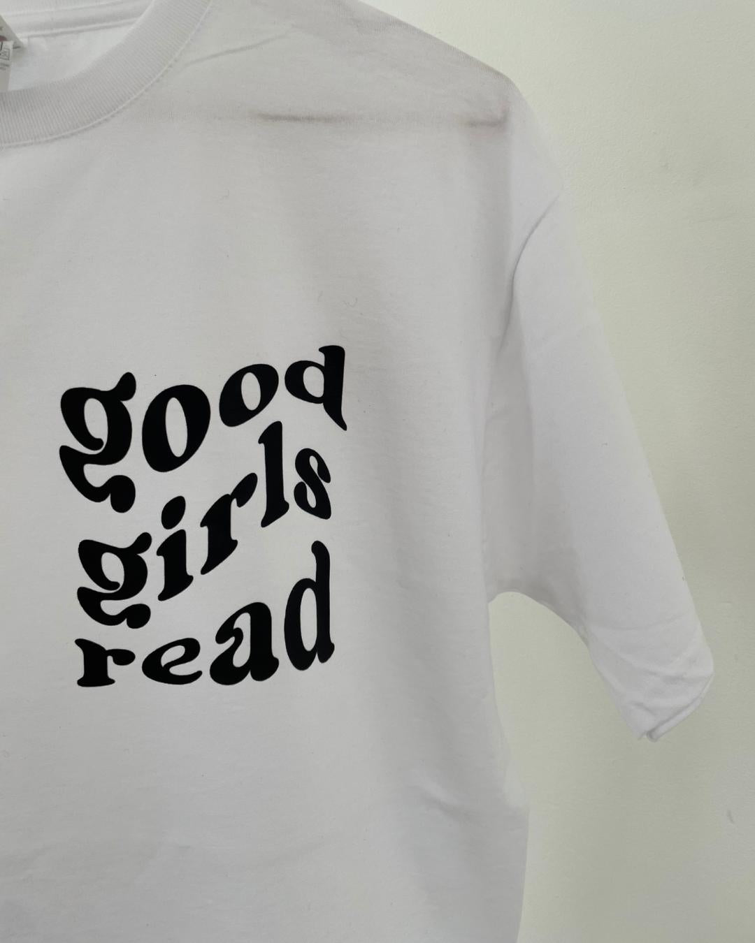 White with Black GoodGirlsRead Logo over-sized t-shirt