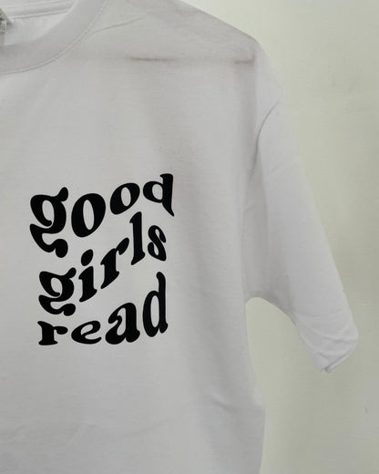 White with Black GoodGirlsRead Logo over-sized t-shirt