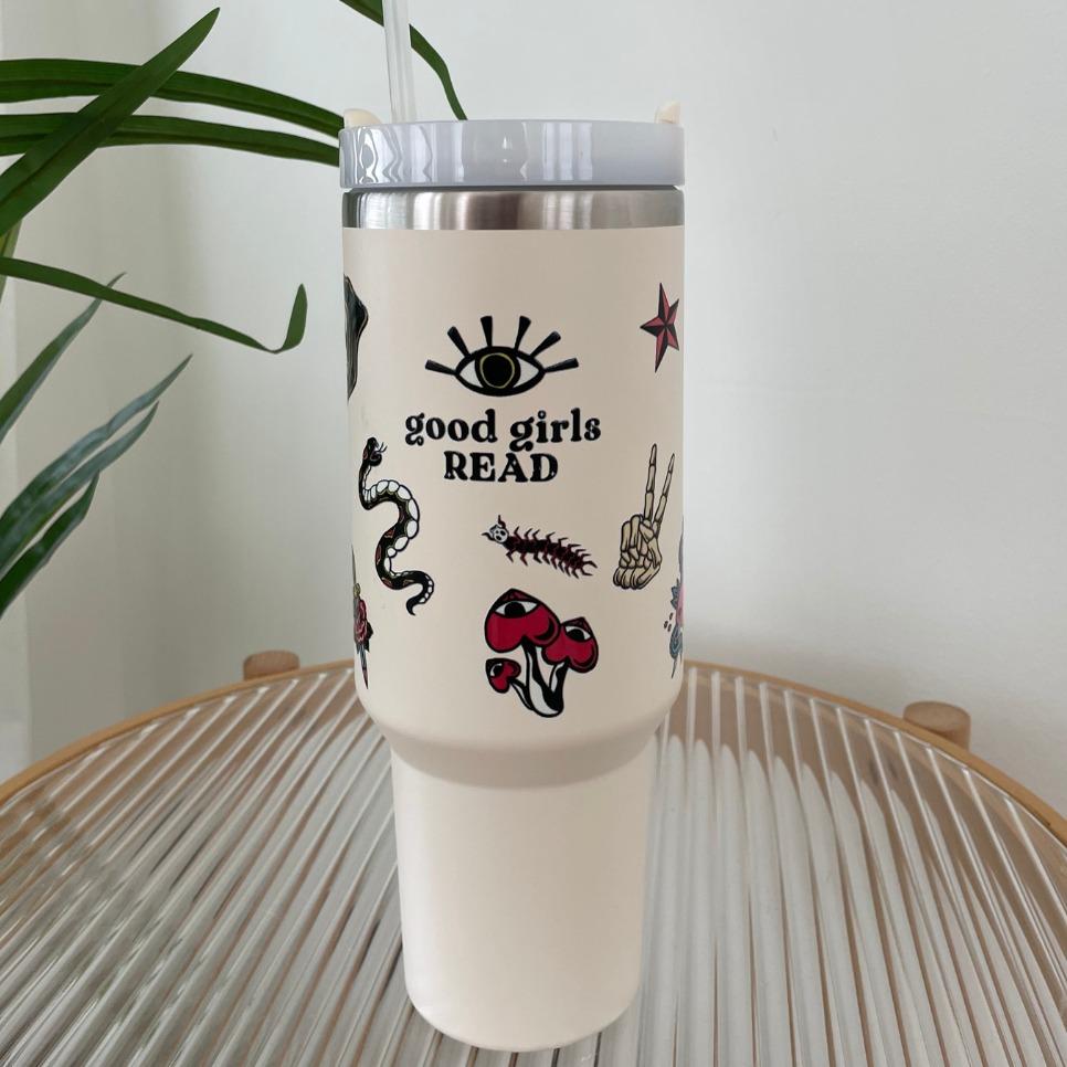 40oz Stainless Steel GoodGirlsRead Tumbler - Patchwork Tattoo Themed