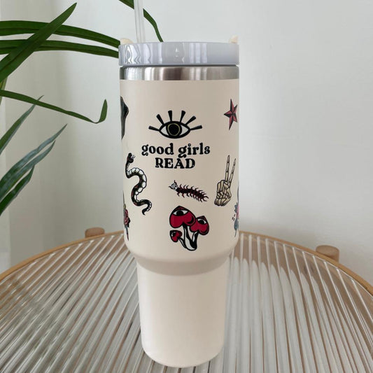 40oz Stainless Steel GoodGirlsRead Tumbler - Patchwork Tattoo Themed