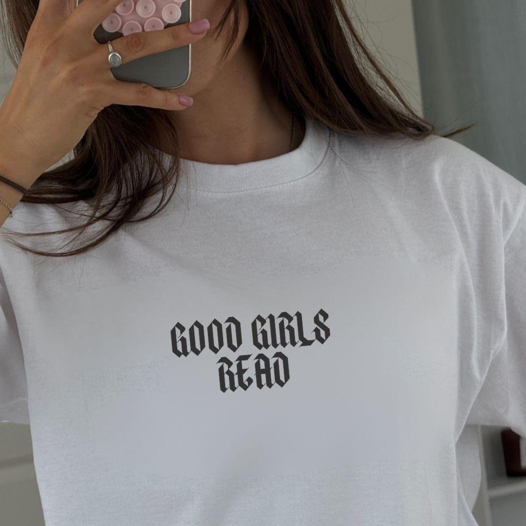 White GoodGirlsRead Tattoo Style Logo over-sized t-shirt, GoodGirlsRead Black Unisex t-shirt, Book Lovers Gift