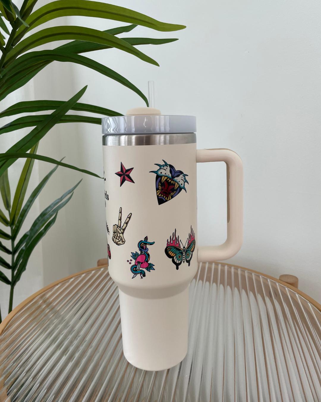 40oz Stainless Steel GoodGirlsRead Tumbler - Patchwork Tattoo Themed