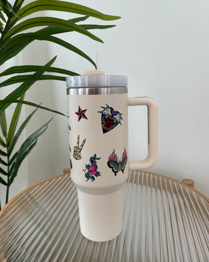 40oz Stainless Steel GoodGirlsRead Tumbler - Patchwork Tattoo Themed
