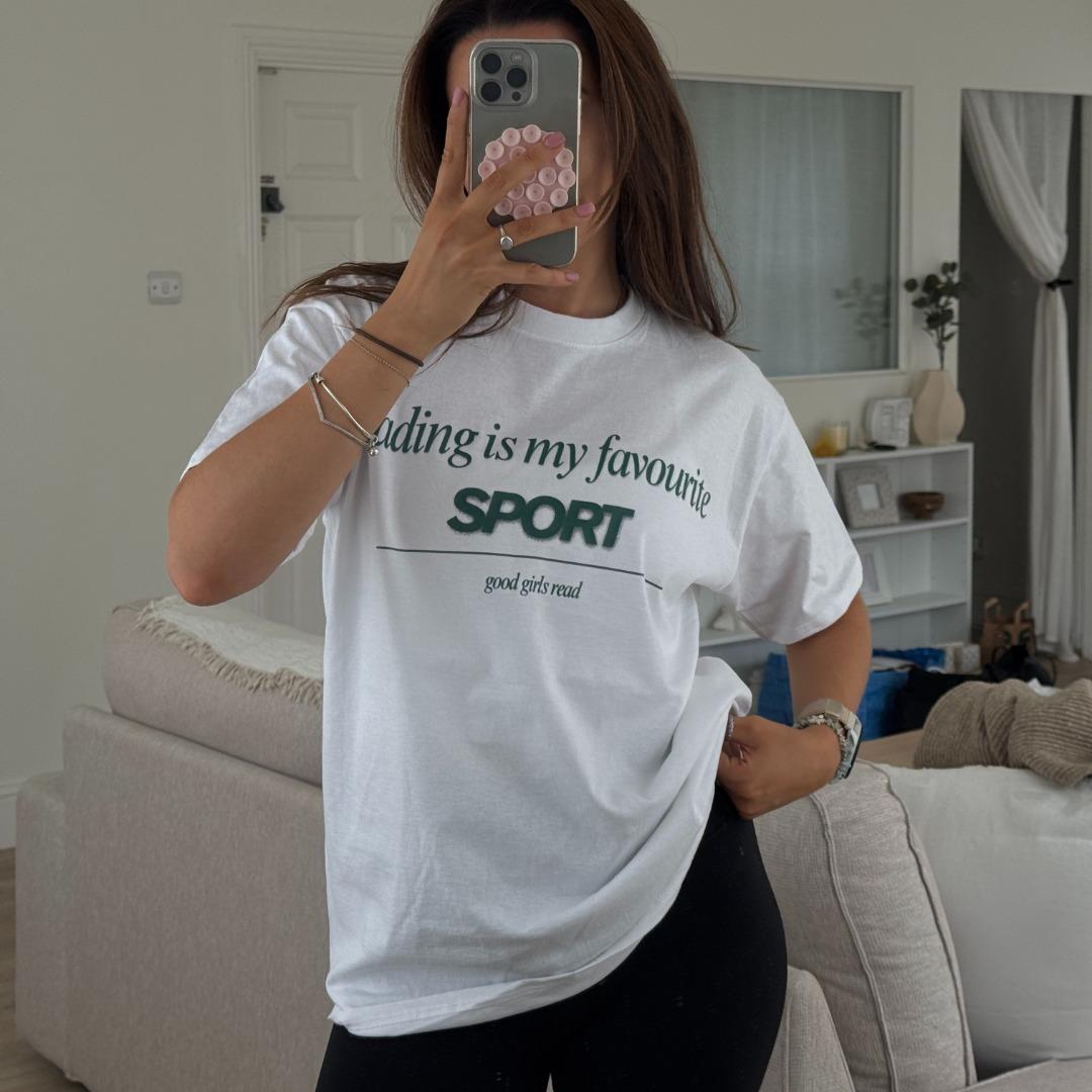 White Reading is my favourite sport over-sized t-shirt