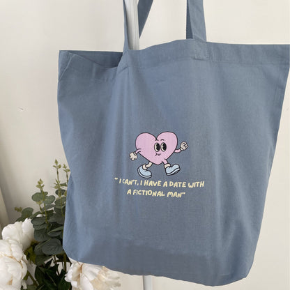 Blue Large Shopper Tote Bag — "I can't. I have a date with a fictional man"