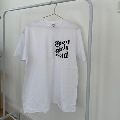 White with Black GoodGirlsRead Logo over-sized t-shirt