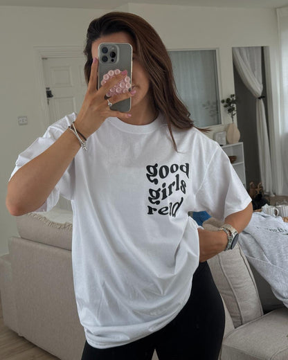 White with Black GoodGirlsRead Logo over-sized t-shirt