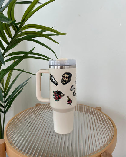 40oz Stainless Steel GoodGirlsRead Tumbler - Patchwork Tattoo Themed